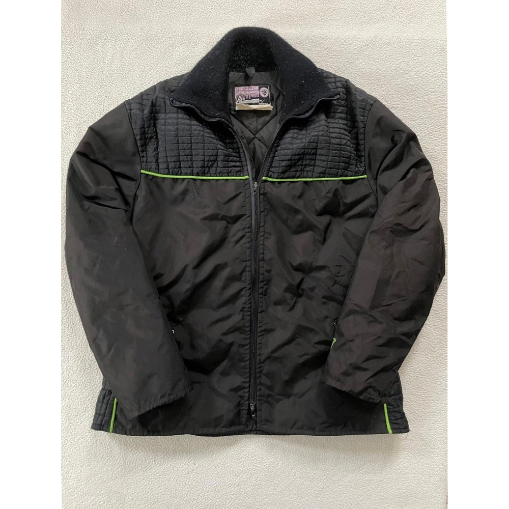 Vintage 80s Arctic Wear Mens Large Jacket Black Snowmobile Lime Green Piping